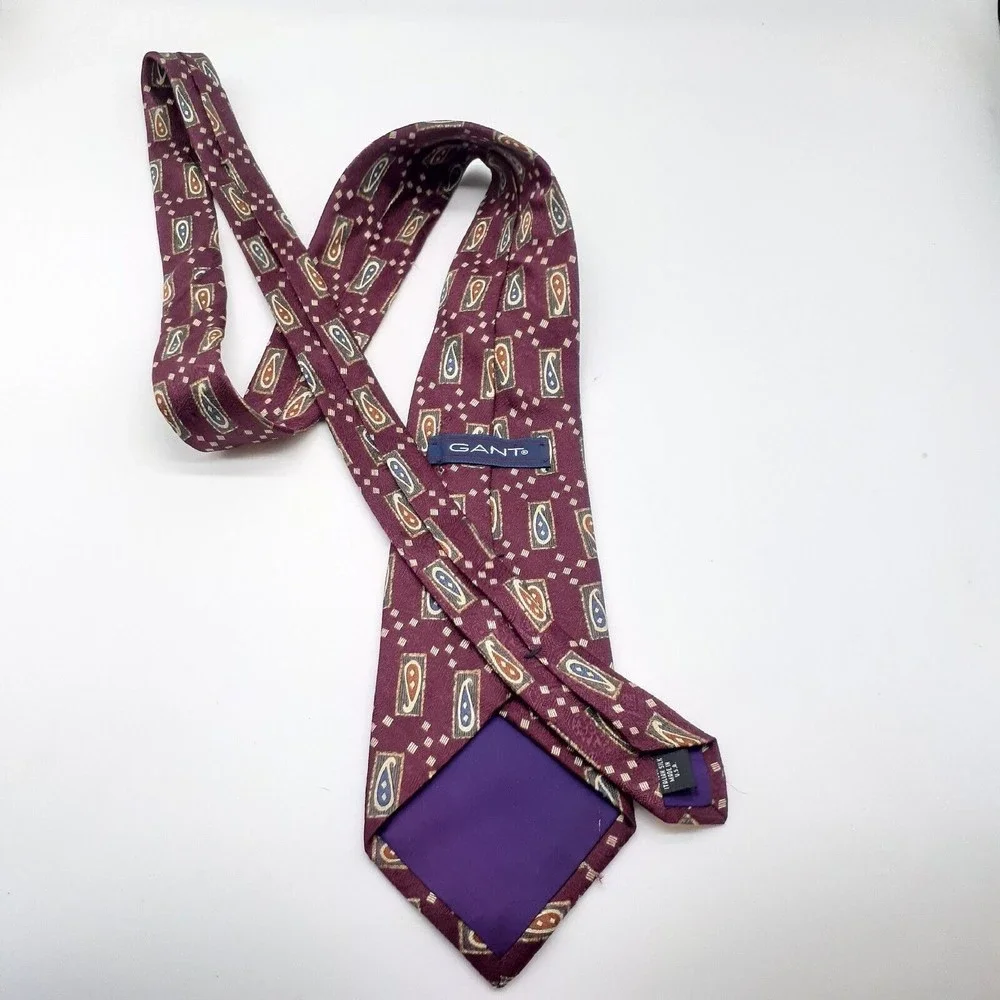 Gant Necktie 100% Italian Silk USA Made Maroon Burgandy Paisley Career Formal